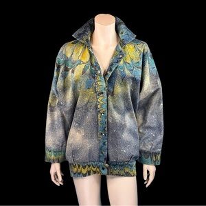 80s ACID Wash Oversized Hand Painted PEACOCK Feather Cocoon Denim Jean Jacket ML